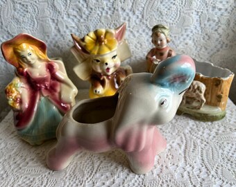 KITSCHY VINTAGE PLANTERS Assorted Bunny Elephant Shepherd Sheep Lady Shabby Chic Cottage Grandma Core Gift Vintage Romantic Home Decor Rare