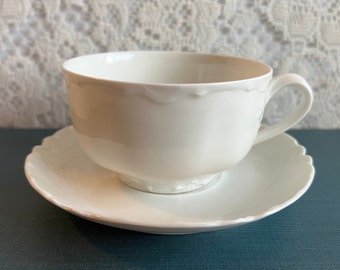 HAVILAND FRANCE TEACUP Saucer Rare All White Scalloped Ranson Pattern 1930s Ex Cond Vintage Discontinued Country Cottage Core Teaware Gift