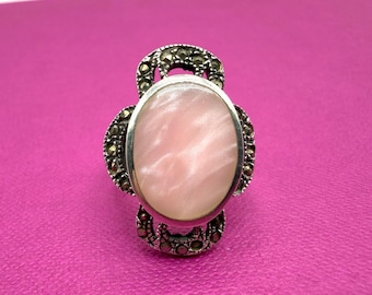 Vintage Sterling Silver Pink Pearly Oval Ring Size 6.5 Openwork Scroll Accents Comfortable Statement Jewelry 925 Romantic Collector Gift