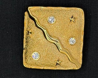 Vintage Park Lane Signed Gold Tone Square Brooch Pendant Clear Rhinestones Stars Textured Modernist Abstract Celestial Statement Jewelry Pin