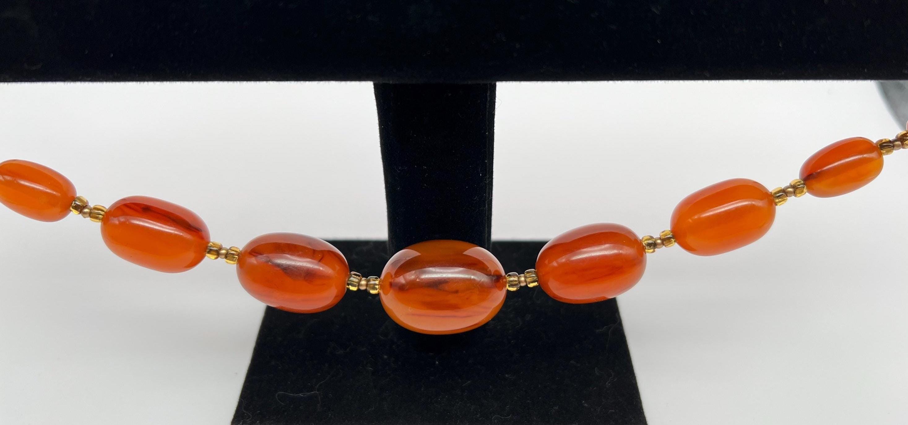 VINTAGE BAKELITE NECKLACE Marbled Deep Amber Chunky Graduated