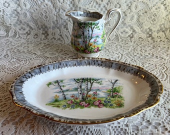 SILVER BIRCH PATTERN Creamer Relish Tray Royal Albert Bone China England Gold Trim Rare Ex Cond Discontinued Vintage Lovely Collector Gift
