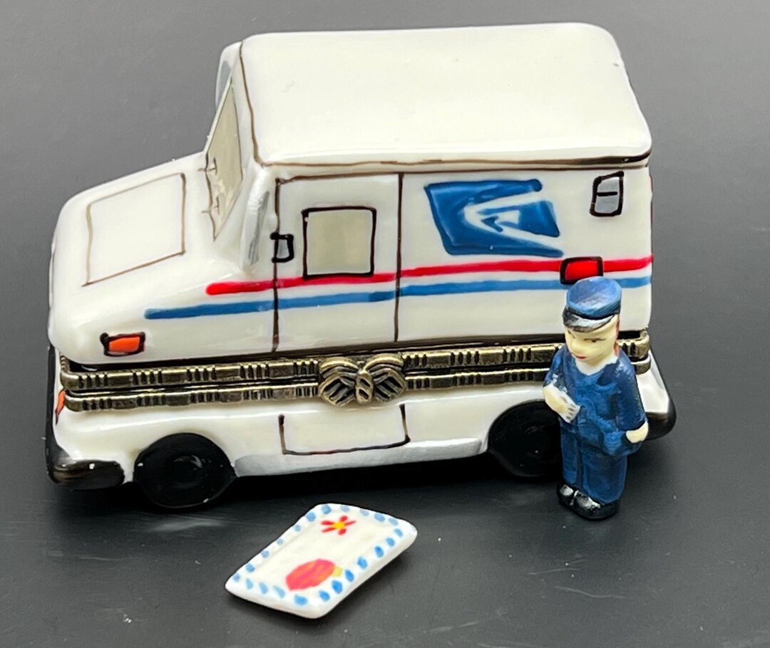 TWO TRINKETS INCLUDED Usps Postal Jeep Postal Carrier Letter Glass Box ...