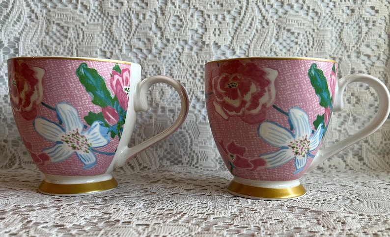 ENGLISH MUG GO Sylish Pink Green Gold Pair Fine China Mic Dish Safe Set Hot Drinkware Coffee Tea Cup Home Decor Country Cottage Core Gift