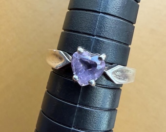 Vintage Avon Sterling Silver Amethyst Heart Ring Size 7.75, Faceted Lavender Gemstone Solitaire, Signed 925 Romantic Jewelry Collector Gift