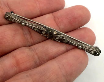 Rare Antique Greenberg & Glaser Sterling Silver Paste Bar Pin Edwardian 1900s Art Nouveau Brooch Signed GG Repair Clasp Estate Jewelry Gift