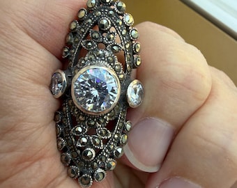 Vintage Sterling Silver Marcasite Statement Ring Clear Stones Art Deco Revival Filigree Cocktail Ring Size 7.75 Fine Jewelry Collector Gift