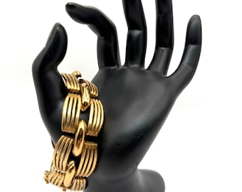 Vintage Monet Gold Tone Link Bracelet 1970s 1980s Textured Ribbed Openwork Chunky Statement Jewelry Signed Designer Retro Fashion
