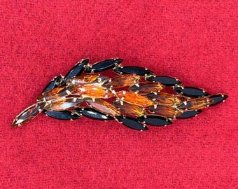 Vintage 1960s Autumn Rhinestone Brooch Amber Orange Black Navette Leaf Spray Gold Tone Fall Statement Jewelry Unsigned Pin Mid Century Moody