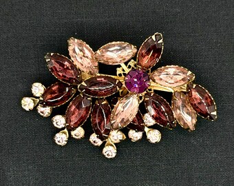 Vintage 1950s Purple Pink Rhinestone Brooch Plum Navette Floral Spray Gold Tone Flower Pin Mid Century Statement Costume Jewelry 2.75 Inch