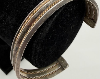 Vintage Sterling Silver 12KT Gold Filled Cuff Bracelet Two Tones Twisted Wire Open Work Artisan Jewelry Mixed Metal Statement Collector Gift