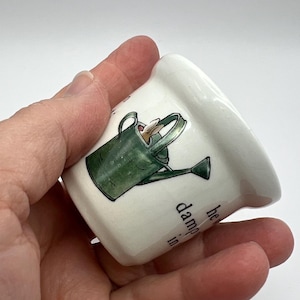 May include: A small, white ceramic planter with a green watering can illustration. The planter has a curved shape and is held in a hand. Text on the planter reads "he damp in". The watering can illustration features a rabbit.
