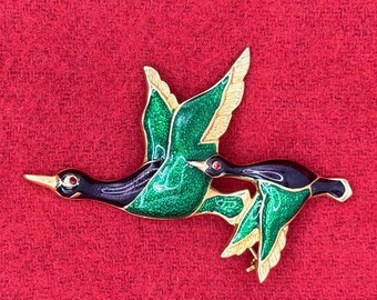 Rare Vintage Flying Ducks Angel Brand Brooch Green Purple Enamel Gold Tone Double Geese Bird Pin Red Rhinestone Eyes 1990s Figural Jewelry