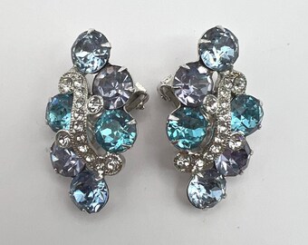 Vintage Eisenberg Ice Rhinestone Clip Earrings Aqua Blue Lavender | Signed Eisenberg | 1950s Designer Costume Jewelry