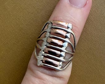 18K Gold 950 Silver Ring Size 5 Mixed Metal Modernist Architectural Sculptural Openwork Vintage Statement Artist Jewelry Rare Collector Gift