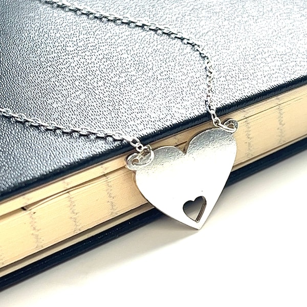 925 Sterling Silver Heart Pendant with Cut-Out Smaller Heart - Personalized Engravable Necklace