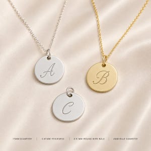 Personalized Sterling Silver 15mm Disc Initial Necklace, Custom Engraved Cursive Pendant
