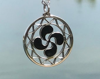 Op de afbeelding: Een zilveren ketting met een ronde hanger met een zwart klavertje vier in een cirkel.