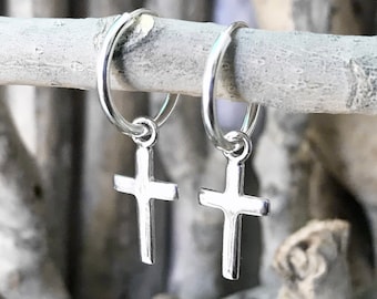 925 Sterling Silver Tiny Cross Hoops Earrings
