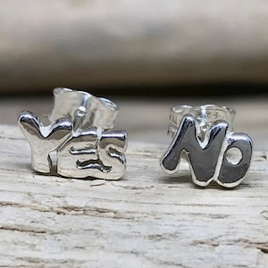 925 Sterling Silver YES NO Stud Earrings, Sterling Silver Mismatched Yes and No Stud Earrings HGP033