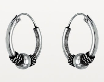 16mm (0.62") Sterling Silver Hoop Earrings, 16mmx2mm Silver Bali Hoop Earrings with Twisted Ropes and 5mm Ball BFV209