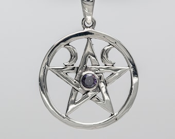 Zilveren hanger met maanpentakel en amethist