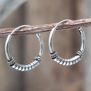 Bali Hoop Earrings – 925 Sterling Silver 14x1.2mm Small Tribal Hoops, Lightweight Unisex Boho Earrings, Cartilage or Lobe Jewelry EVM148