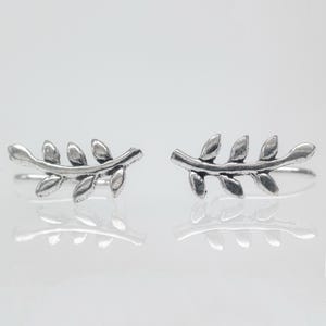 Sterling Silver Dainty Leaf Ear Climber (12.5mm) | Tiny Branch Ear Crawler Earrings | Nature Jewelry