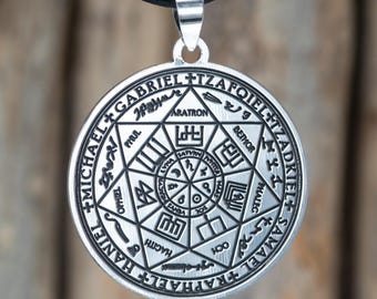 Sterling Silver Seal of the Seven Archangels Pendant: Planetary Sigil Amulet & Leather Cord Option