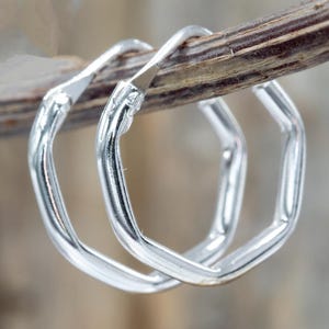 Peut inclure: Une paire de boucles d'oreilles créoles argentées brillantes avec un design géométrique hexagonal. Les boucles d'oreilles sont présentées sur un fond naturel flou, soulignant leur finition métallique polie et leur forme moderne. Un accessoire élégant.