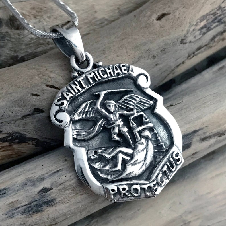 St. Michael "Protect Us" Shield Medal Pendant | .925 Sterling Silver | Police Officer Gift - View #2