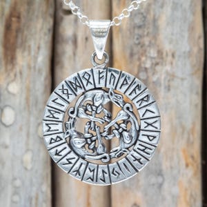 Sterling Silver Viking Runes Pendant | Elder Futhark Alphabet Amulet | Norse Knotwork Jewelry with Three Interlaced Beasts | CRS027