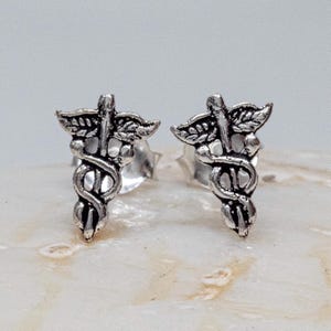 Sterling Silver Caduceus Stud Earrings 9x6mm, Medical Symbol Jewelry, Doctor Nurse Gift, Hypoallergenic Studs for Healthcare Workers VTS062