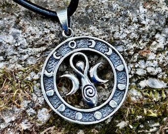 Collier en argent sterling à pendentif triple déesse lune avec pentacle et phases de lune