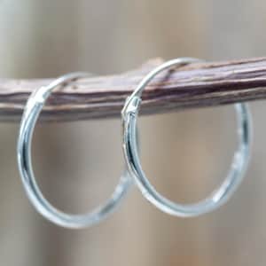 May include: Two silver hoop earrings are displayed on a thin, brown twig. The earrings are circular, with a smooth, shiny surface. The background is blurred, suggesting an outdoor setting. The earrings are a simple, classic jewelry item.