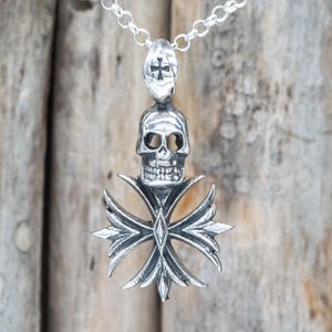 Sterling Silver Skull Cross Pendant Necklace, Gothic Biker Jewelry, Punk Rock Amulet CRS020