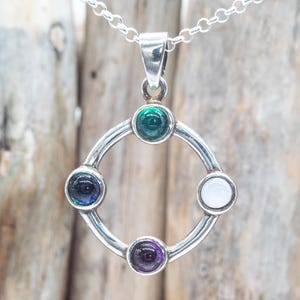 Sterling Silver Four Elements Pendant | Earth Air Fire Water Crystal Circle | Handmade 925 Spiritual Talisman Charm Jewelry HDR067
