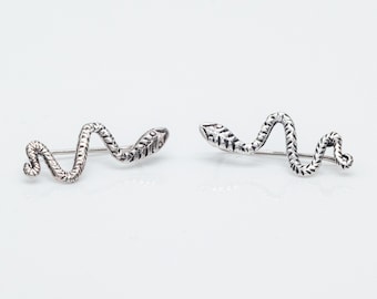 May include: A pair of silver-colored snake-shaped earrings. Each earring features a detailed snake design with textured scales and a curved body. The earrings are designed to be worn on the ear, with a post for insertion.