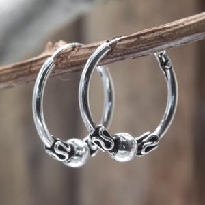 Bali Hoop Earrings – 925 Sterling Silver 14x1.2mm Small Tribal Hoops, Lightweight Unisex Boho Earrings, Cartilage or Lobe Jewelry HDR001