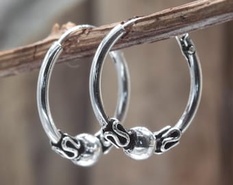 Bali Hoop Earrings – 925 Sterling Silver 14x1.2mm Small Tribal Hoops, Lightweight Unisex Boho Earrings, Cartilage or Lobe Jewelry HDR001