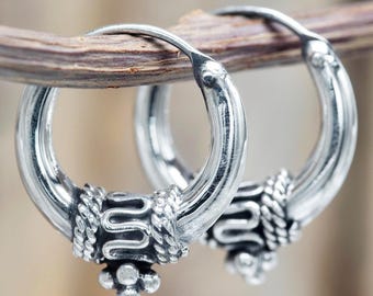 Brincos de argola Bali em prata de lei 925 de 16 mm: Joias tribais artesanais robustas com ponta afilada de 5 mm