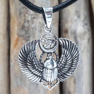 925 Silver Scarab Eye of Horus Pendant Necklace, Scarab Necklace, Winged Scarab Necklace, Sun God Rebirth Amulet  IZS017