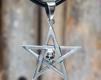 Sterling Silver Pentagram Skull Pendant - Gothic Leather Necklace