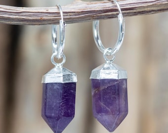 Brincos de prata de lei com ponta de ametista: argolas pendentes com cristal roxo verdadeiro de 27 mm.