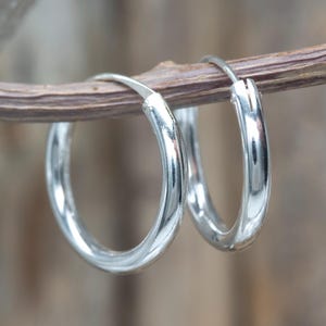Könnte beinhalten: Zwei glänzende, silberne Creolen, die an einem braunen Zweig hängen. Die Ohrringe sind rund und haben eine glatte, reflektierende Oberfläche. Der Hintergrund ist unscharf.