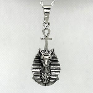 Egyptian Bastet Pendant Necklace in 925 Sterling Silver – Ankh Symbol & Cat Goddess Design IZS114