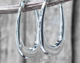 May include: A pair of shiny, silver-colored hoop earrings. The earrings are oval-shaped and have a smooth, reflective surface. They are hanging on a thin, brown branch against a blurred, neutral background. The earrings appear to be made of metal.