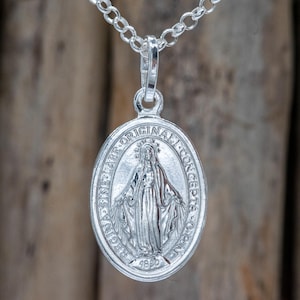 Sterling Silver Miraculous Medal Pendant | Virgin Mary Oval Medal Charm | Catholic Faith Jewelry | Religious Medal Necklace MAD039