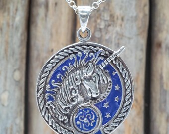 Sterling Silver Unicorn Pendant Necklace | Blue Enamel, Celtic Amulet