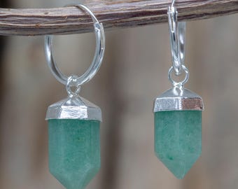Brincos de prata de lei com ponta de jade verde: argolas pendentes com cristal de jadeíta genuíno de 27 mm.